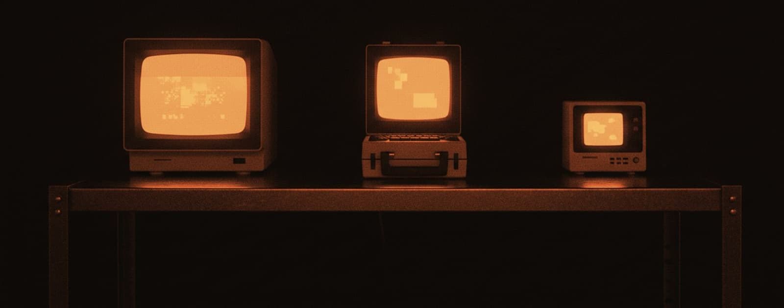 Three salvaged terminals on a shelf — desktop, web, and phone scale